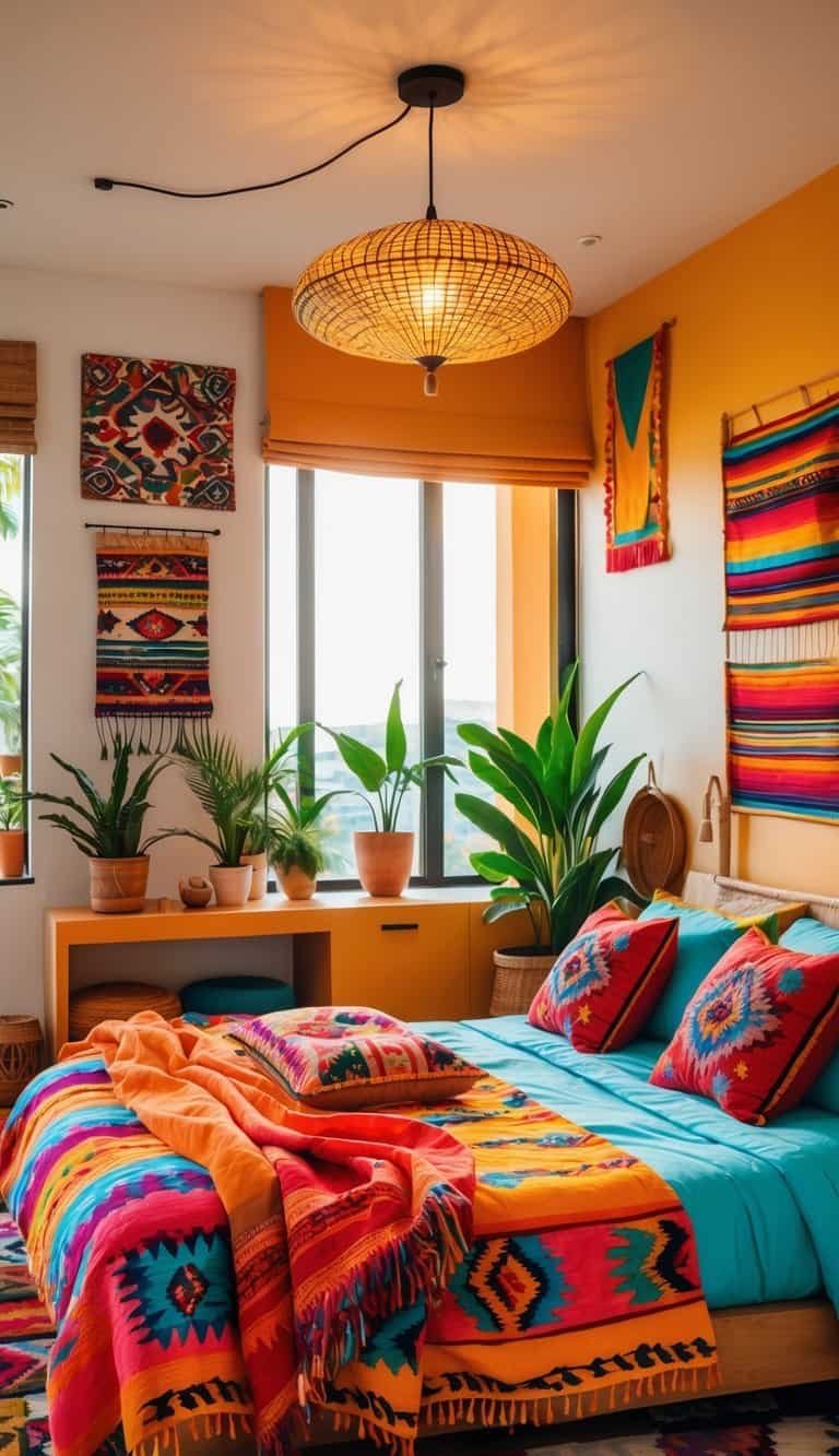 Modern Mexican Bedroom - A brightly lit bedroom with colorful textiles, decorative pottery, plants, and modern wooden furniture.