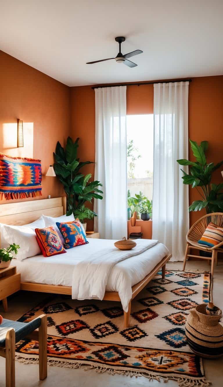 Modern Mexican Bedroom - A bright bedroom with a bed, colorful pillows, wooden furniture, decorative pottery, plants, and a window letting in natural light.