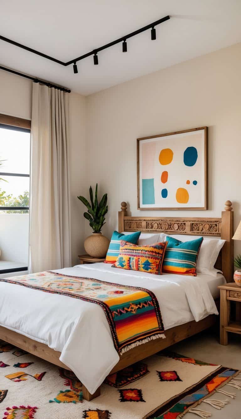 Modern Mexican Bedroom - A bright bedroom with a large bed, colorful pillows, wooden furniture, a window with curtains, and a decorative rug on the floor.