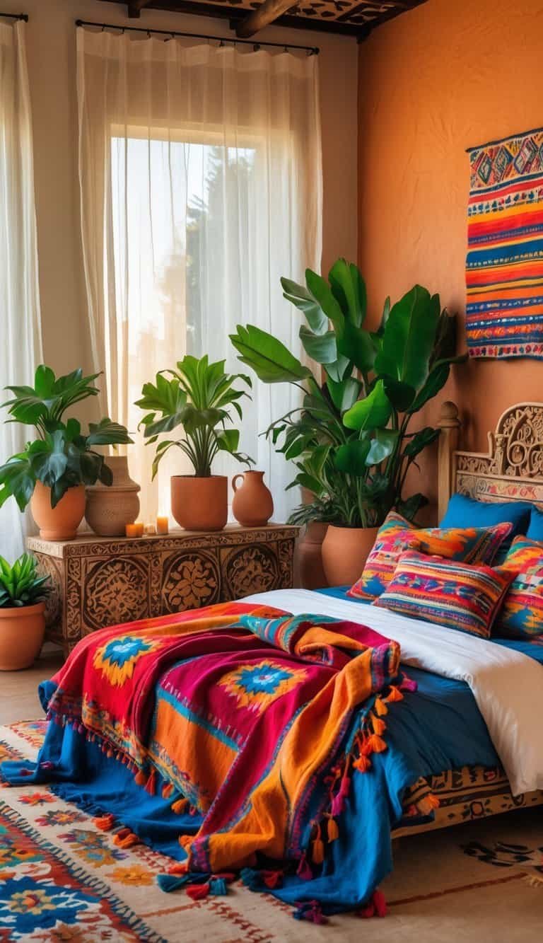 mexican style bedroom - A cozy bedroom with a bed covered in colorful blankets and pillows, wooden furniture, green plants, and warm natural lighting.