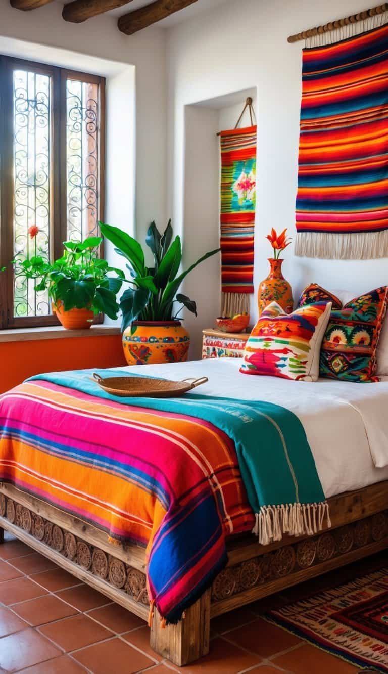 mexican style bedroom - A bright bedroom with a colorful bed, wooden furniture, decorative textiles, plants, and natural light coming through a window.