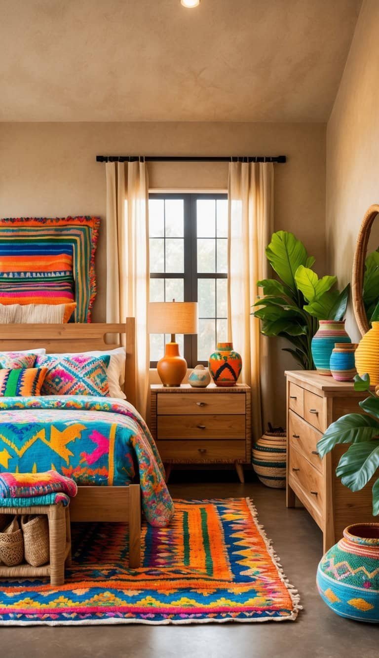 mexican style bedroom - A well-lit bedroom with a wooden bed, nightstand, dresser, colorful bedding, decorative lamp, woven rug, and plants.