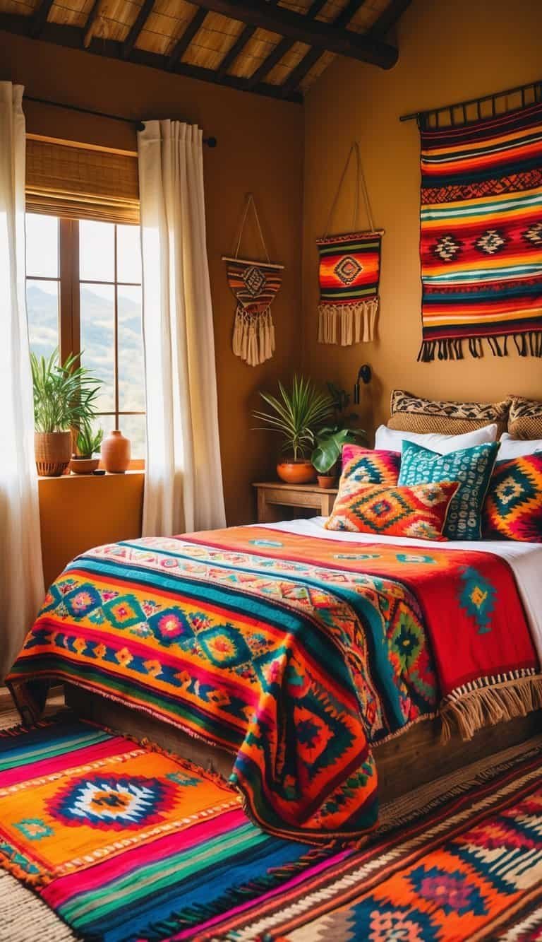 mexican style bedroom - A bright bedroom with a bed covered in colorful patterned blankets and pillows, wooden furniture, plants, and decorative items.