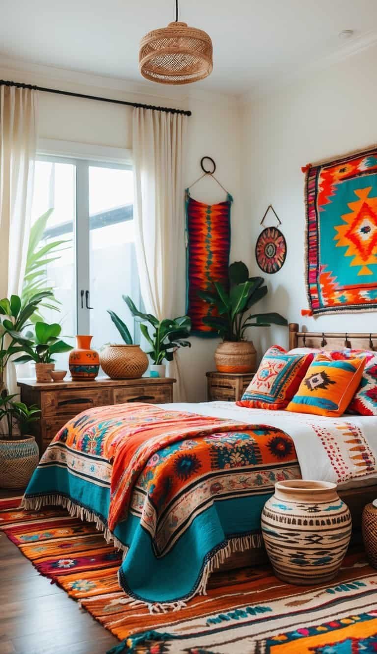 mexican style bedroom - A brightly decorated bedroom with a cozy bed, colorful textiles, wooden furniture, decorative pottery, plants, and natural light coming through a window.