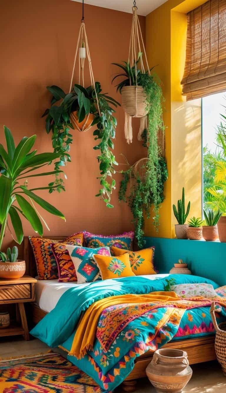mexican style bedroom - A bright bedroom with colorful bedding, green plants, wooden furniture, and natural sunlight.