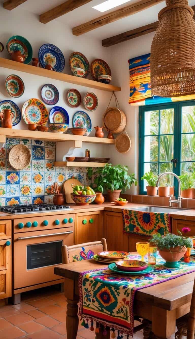 mexican kitchen decor ideas - A bright kitchen decorated with colorful Mexican pottery, woven baskets, fresh herbs, and vibrant textiles on a wooden dining table.