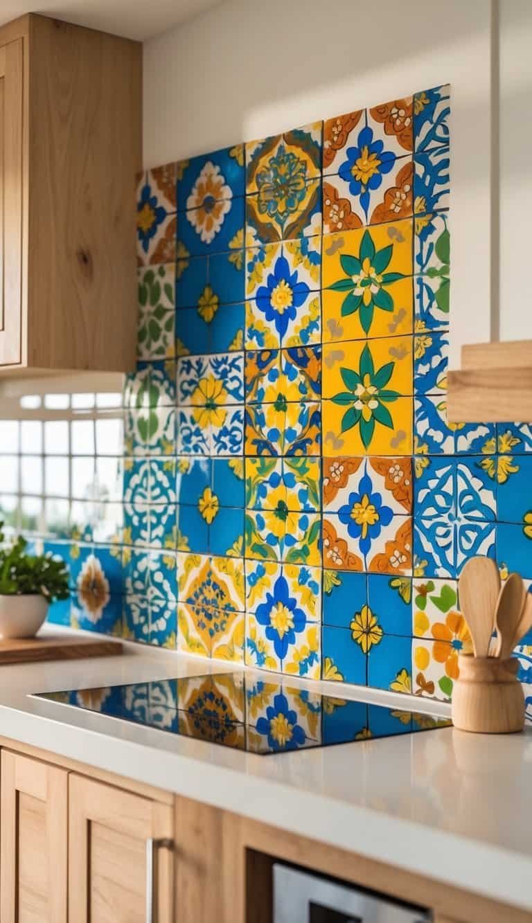 mexican kitchen decor ideas - A kitchen with a colorful Talavera tile backsplash featuring intricate patterns behind a clean countertop and white cabinets.
