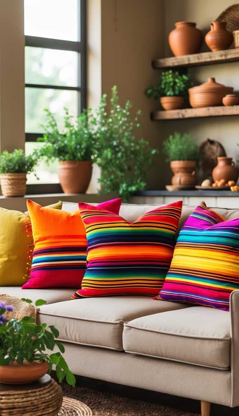 mexican kitchen decor ideas - A sofa decorated with colorful striped pillows surrounded by Mexican-inspired home decor items in a bright living room.