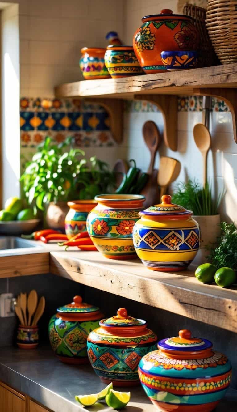 mexican kitchen decor ideas - A kitchen countertop and shelves displaying colorful hand-painted Mexican pottery with fresh ingredients and kitchen utensils.