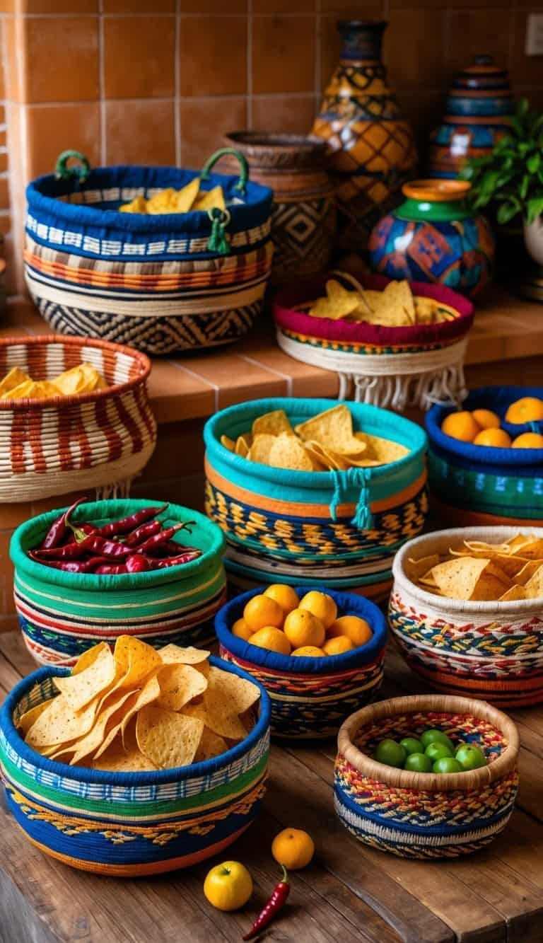 mexican kitchen decor ideas - A rustic kitchen countertop displaying traditional woven baskets filled with snacks and small items, surrounded by colorful pottery and warm decor.