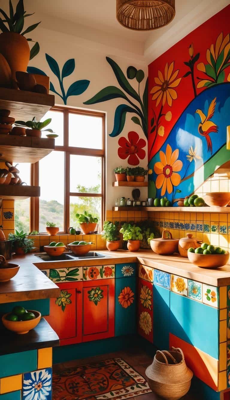 mexican kitchen decor ideas - A bright Mexican kitchen with colorful wall art, rustic wooden shelves, clay pots, and fresh ingredients on the counter, illuminated by natural light.