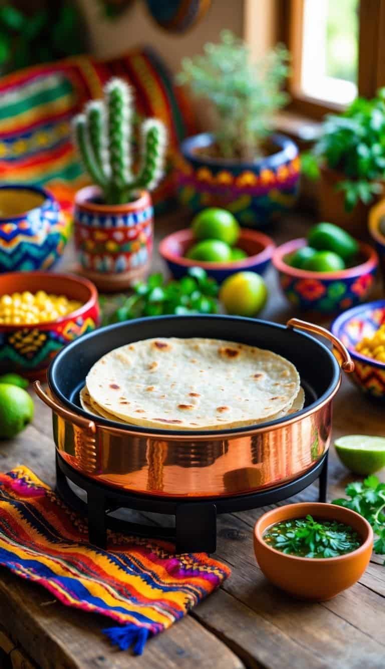 mexican kitchen decor ideas - Copper tortilla warmer open on a wooden kitchen table with tortillas inside, surrounded by colorful Mexican kitchen decor and fresh ingredients.