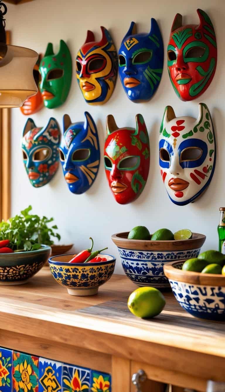 mexican kitchen decor ideas - A modern kitchen decorated with colorful luchador masks on the wall and traditional Mexican pottery on the counters.