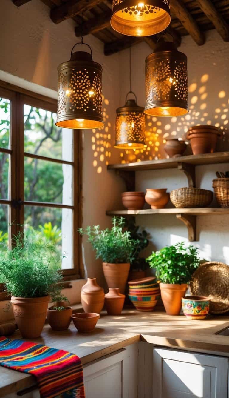 mexican kitchen decor ideas - A Mexican kitchen with recycled tin lanterns glowing softly, surrounded by colorful decor and plants.