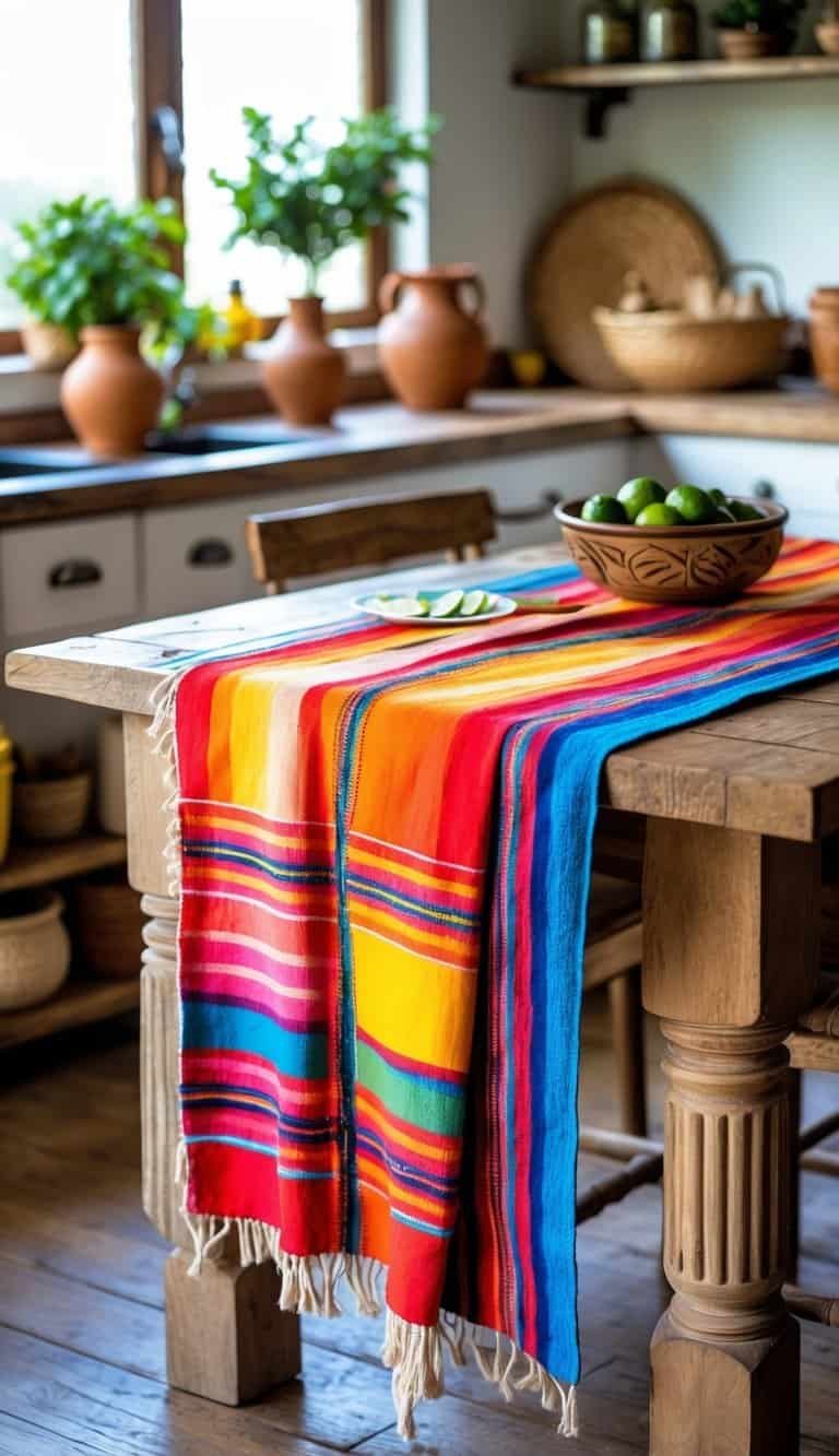 mexican kitchen decor ideas - A colorful striped Mexican blanket table runner on a wooden kitchen table with pottery, fresh herbs, and a bowl of limes and chili peppers in a cozy kitchen.