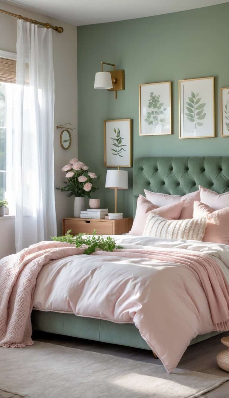 sage green and pink bedroom - A bedroom with a sage green accent wall, a bed with pink and white bedding, natural light coming through curtains, a nightstand with a plant and lamp, and decorative flowers and framed pictures.