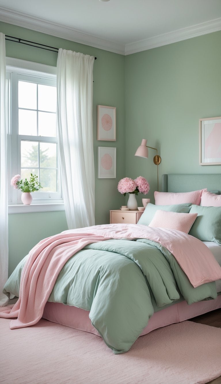 sage green and pink bedroom - A bedroom with walls painted soft green, featuring a bed with pink bedding and pillows, natural light from a window, and a nightstand with pink flowers.