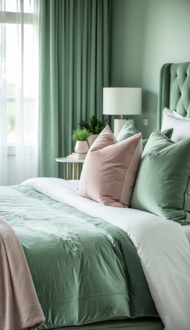 sage green and pink bedroom - A bedroom with a bed dressed in sage green and white linens, decorated with blush pink velvet throw pillows, and softly lit by natural light through sheer curtains.