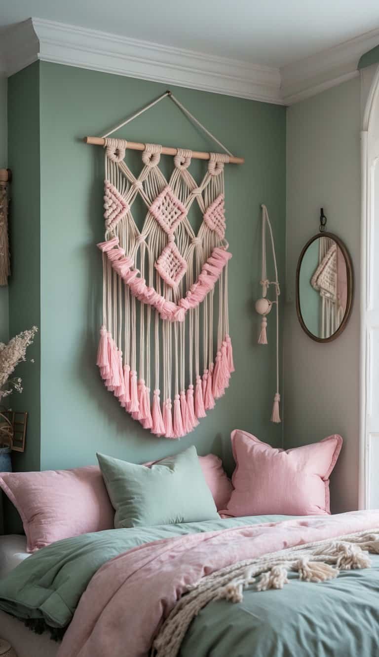 sage green and pink bedroom - A bedroom with a sage green wall and a macramé wall hanging with pink tassels above a bed with green and pink bedding.