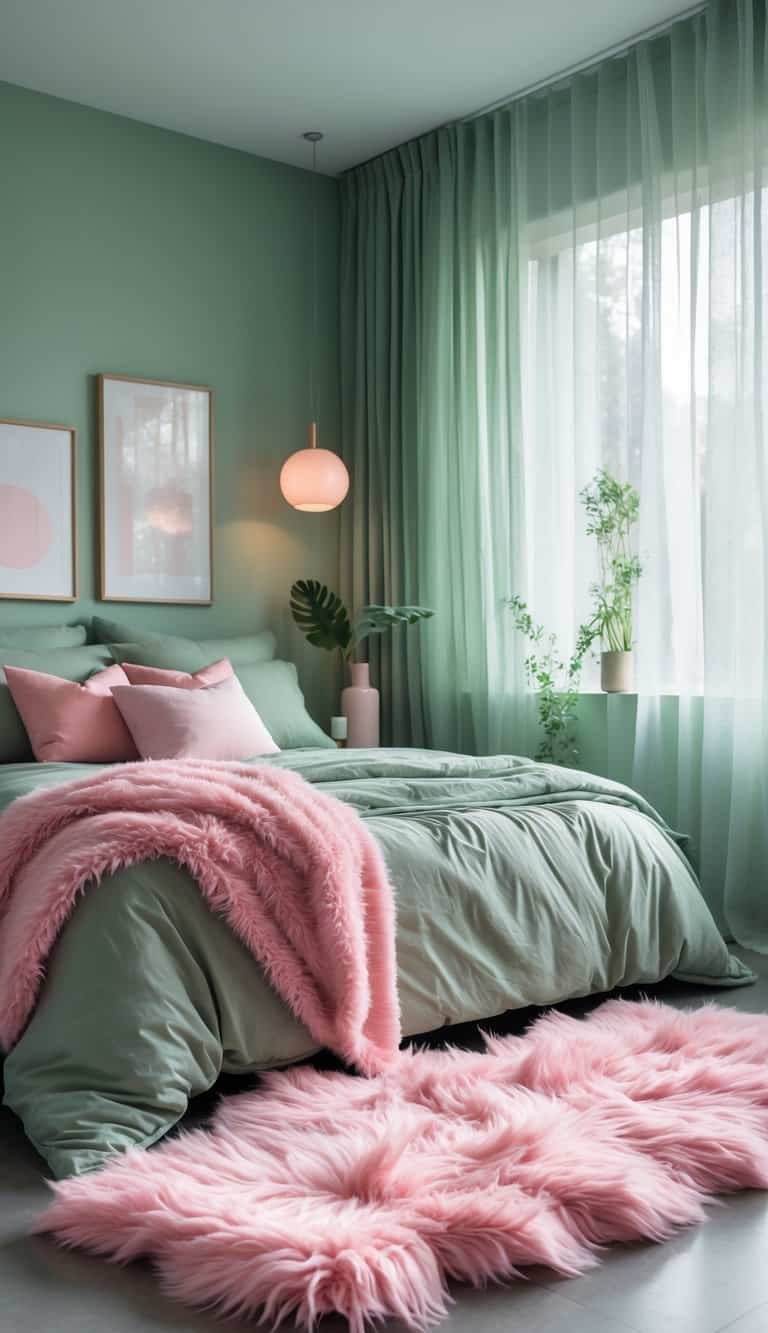 sage green and pink bedroom - A bedroom with a pink faux fur rug on the floor, sage green walls, a bed with sage green bedding and pink pillows, and soft natural light coming through the window.