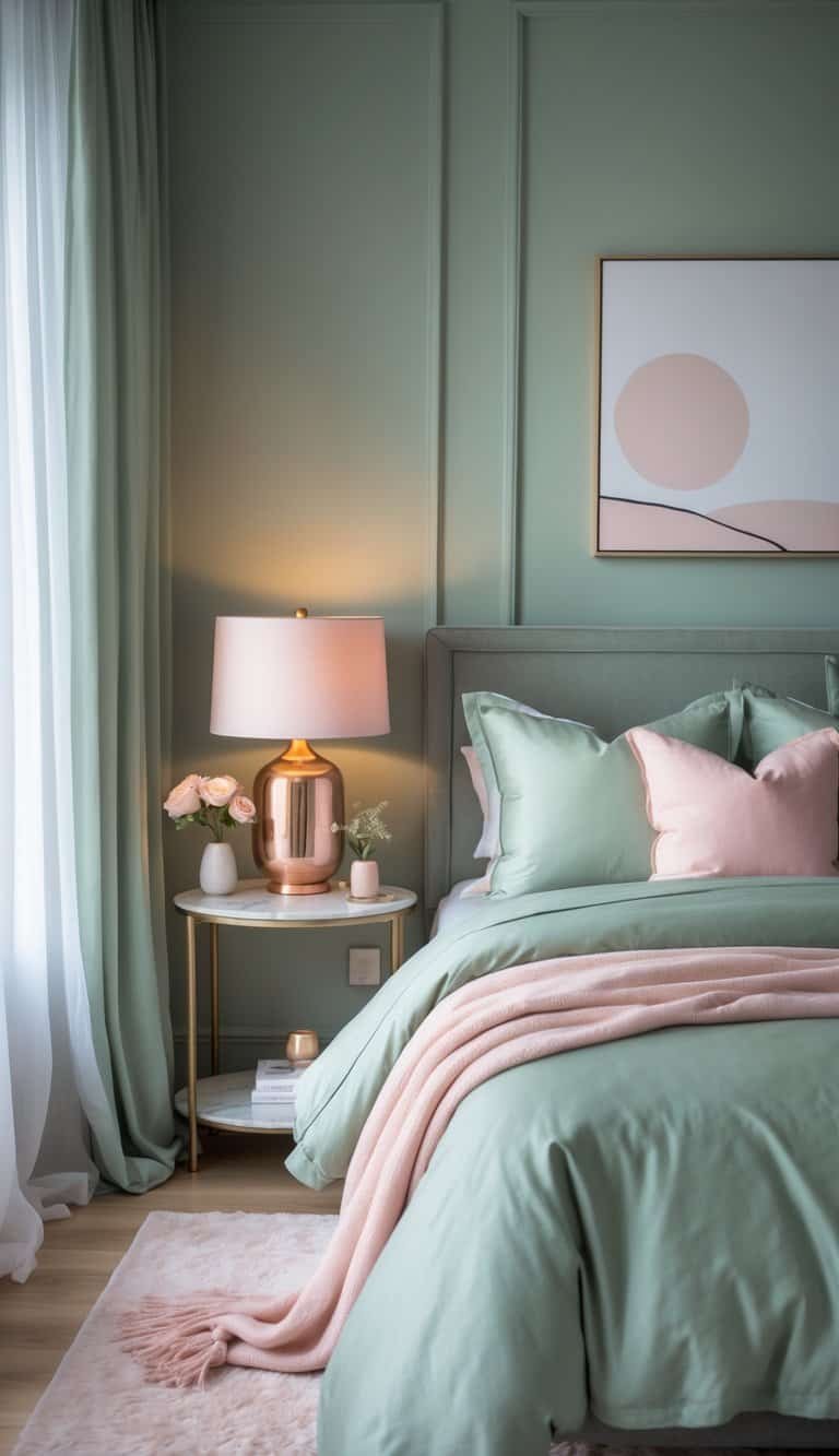 sage green and pink bedroom - A bedroom with sage green walls and pink accents, featuring a bed with matching pillows and rose gold table lamps glowing on bedside tables.