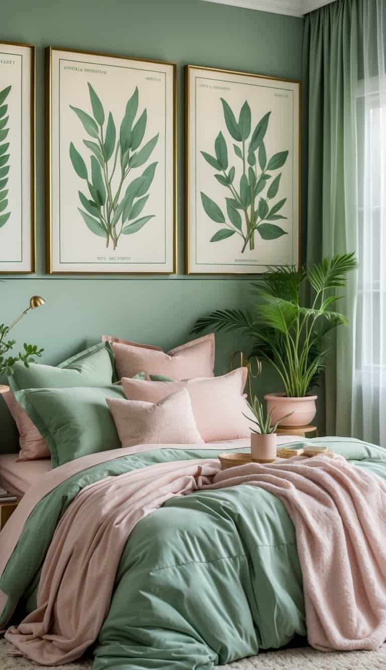 sage green and pink bedroom - A bedroom decorated with sage green and pink colors, vintage botanical prints of sage leaves on the wall, and natural light coming through sheer curtains.