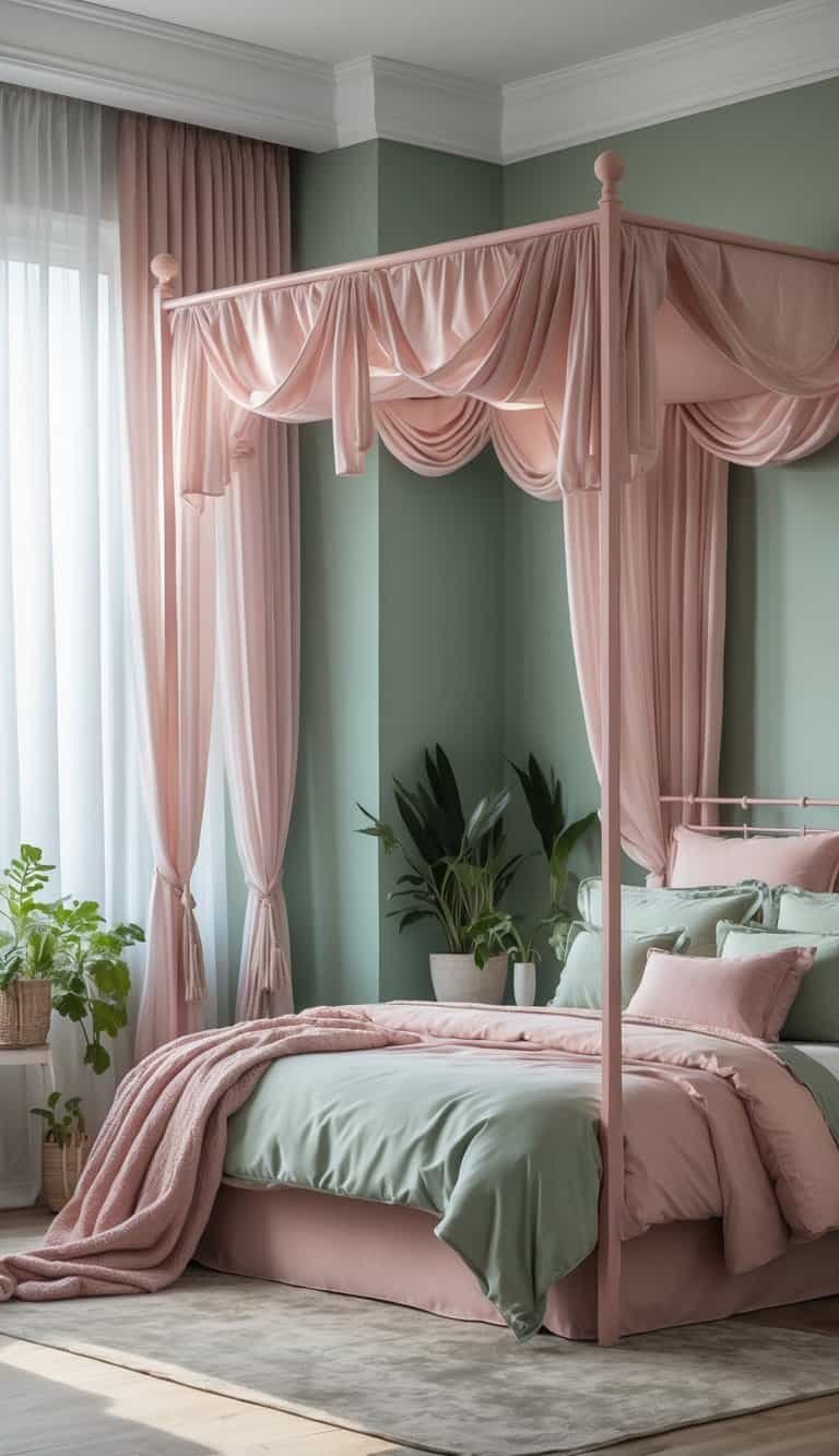 sage green and pink bedroom - A bedroom with a blush pink canopy bed frame, sage green accents, pillows, and soft natural light.