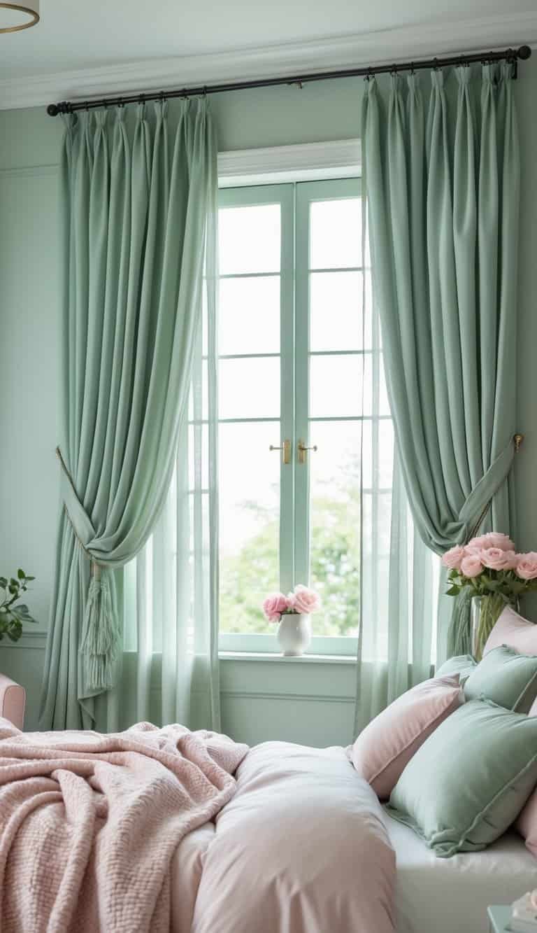 sage green and pink bedroom - A bedroom with sage green curtains, a bed with pink and green bedding, and soft natural light coming through a window.