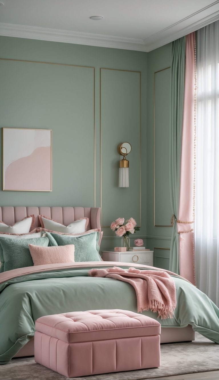 sage green and pink bedroom - A bedroom with sage green walls, a pink ottoman at the foot of the bed, and coordinated pink and green bedding illuminated by natural light.