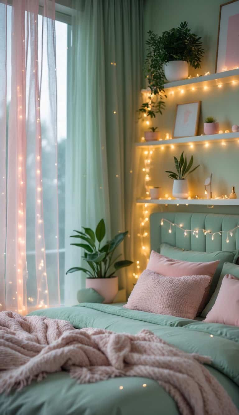 sage green and pink bedroom - A bedroom with sage green walls and pink accents, softly lit by pink-tinted fairy lights draped around the bed.