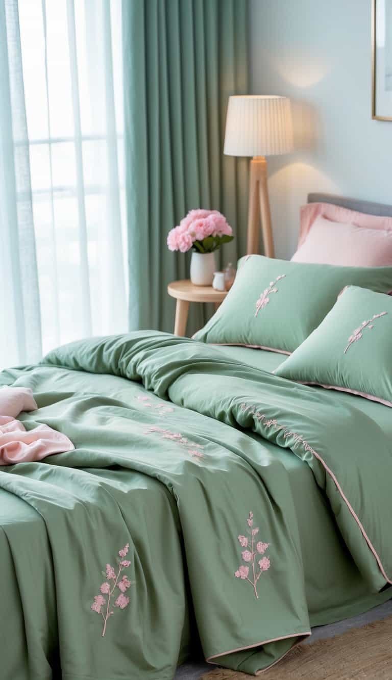 sage green and pink bedroom - A neatly made bed with sage green bedding featuring subtle pink embroidery in a softly lit bedroom with a wooden nightstand and pink flowers.