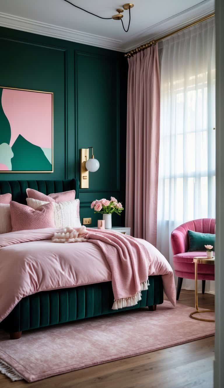 dark green and pink bedroom - A bedroom with a dark green accent wall, a bed with pink and white bedding, a pink armchair, and natural light coming through sheer curtains.