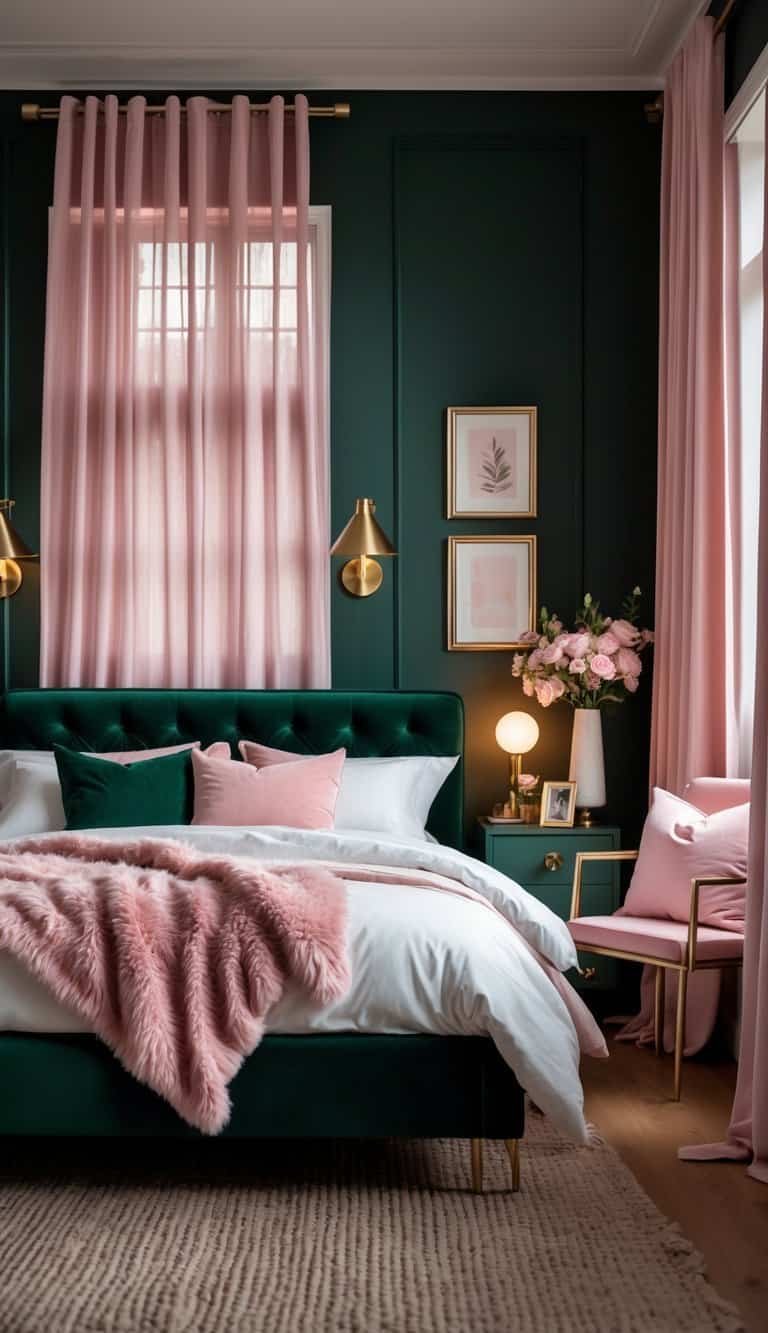 dark green and pink bedroom - A bedroom with dark green walls, a bed with pink and white bedding, pink curtains, and warm lighting creating a cozy atmosphere.