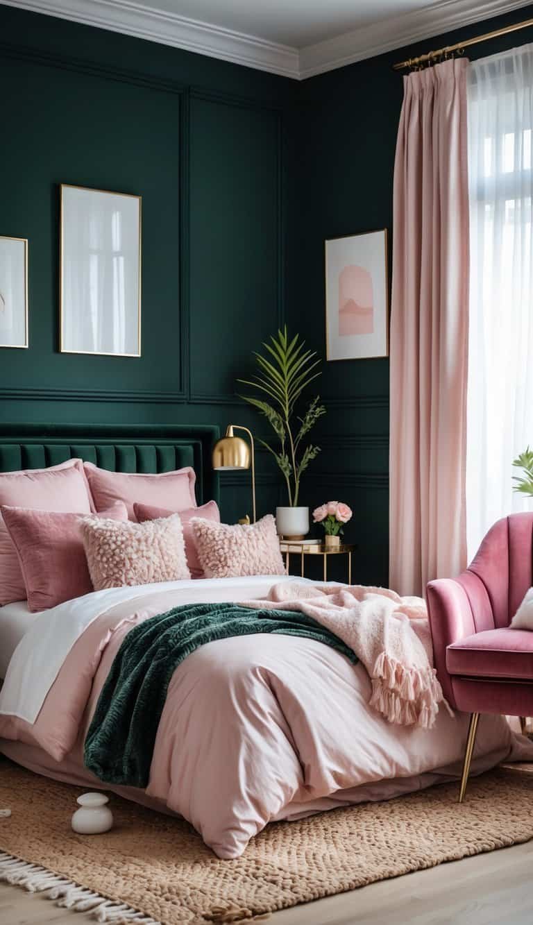 dark green and pink bedroom - A bedroom with a dark green accent wall, a bed with pink and white bedding, a pink armchair, wooden floor, and natural light coming through large windows.