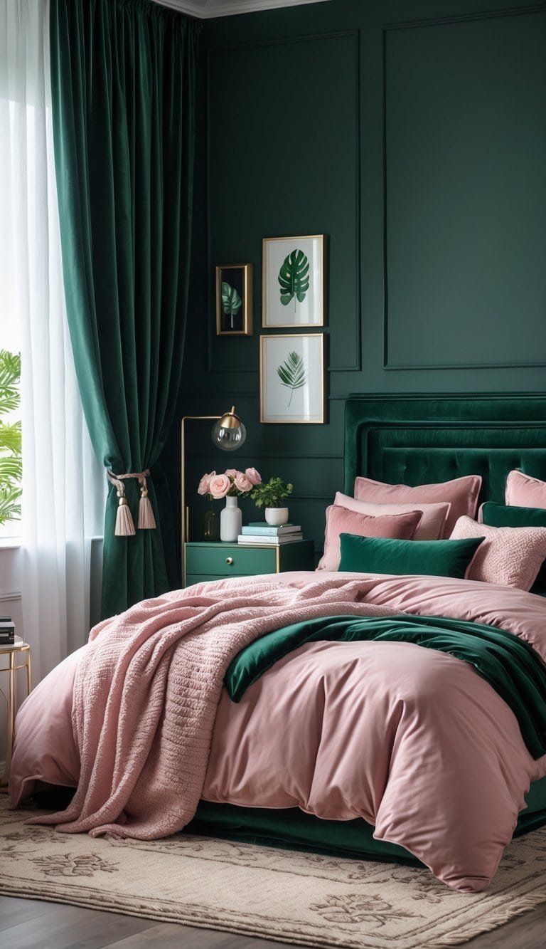 dark green and pink bedroom - A cozy bedroom with a dark green accent wall, a bed with pink and neutral bedding, decorative pillows, a nightstand with a plant and lamp, and soft natural light coming through sheer curtains.