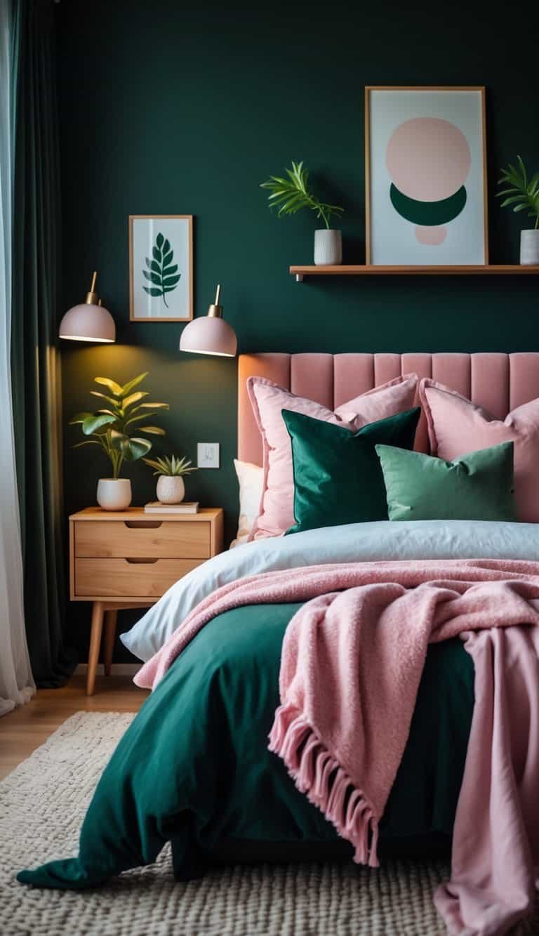 dark green and pink bedroom - A cozy bedroom with a dark green accent wall, a bed with pink and green pillows, warm lighting, wooden furniture, and decorative plants.