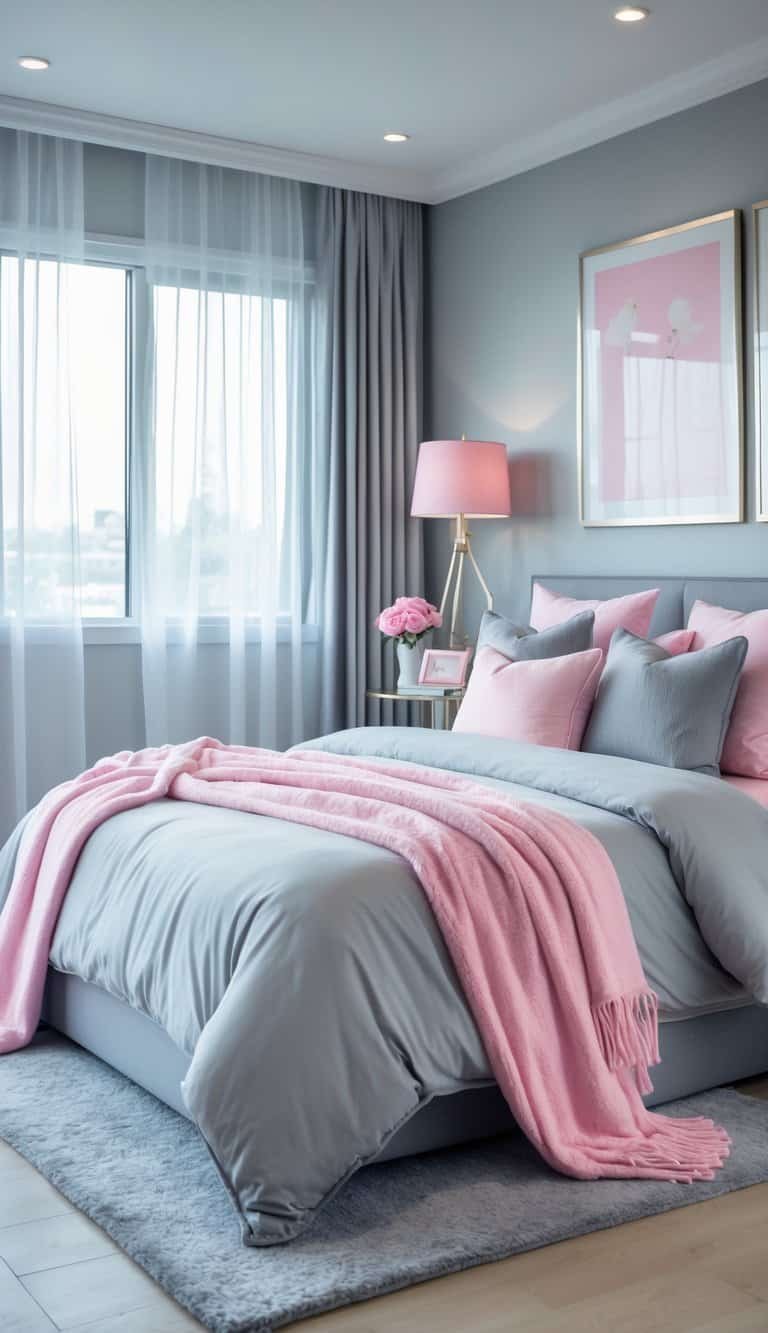 grey and pink bedroom ideas - A bedroom with a bed, bedside table, window with curtains, and decorative accents in grey and pink colors.