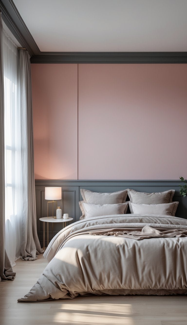grey and pink bedroom ideas - Bedroom with a blush pink accent wall, charcoal grey trim, a bed with neutral linens, and soft natural lighting.