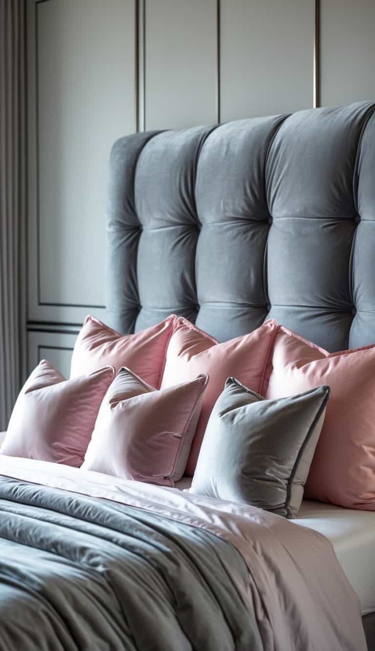 grey and pink bedroom ideas - A bed with a grey velvet headboard and pink satin pillows arranged on it.