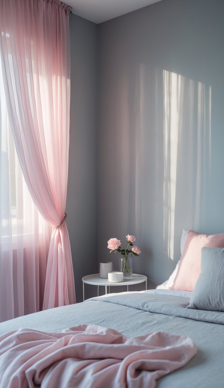 grey and pink bedroom ideas - A bedroom corner with soft pink sheer curtains hanging against a light grey wall, diffusing natural light into the room.