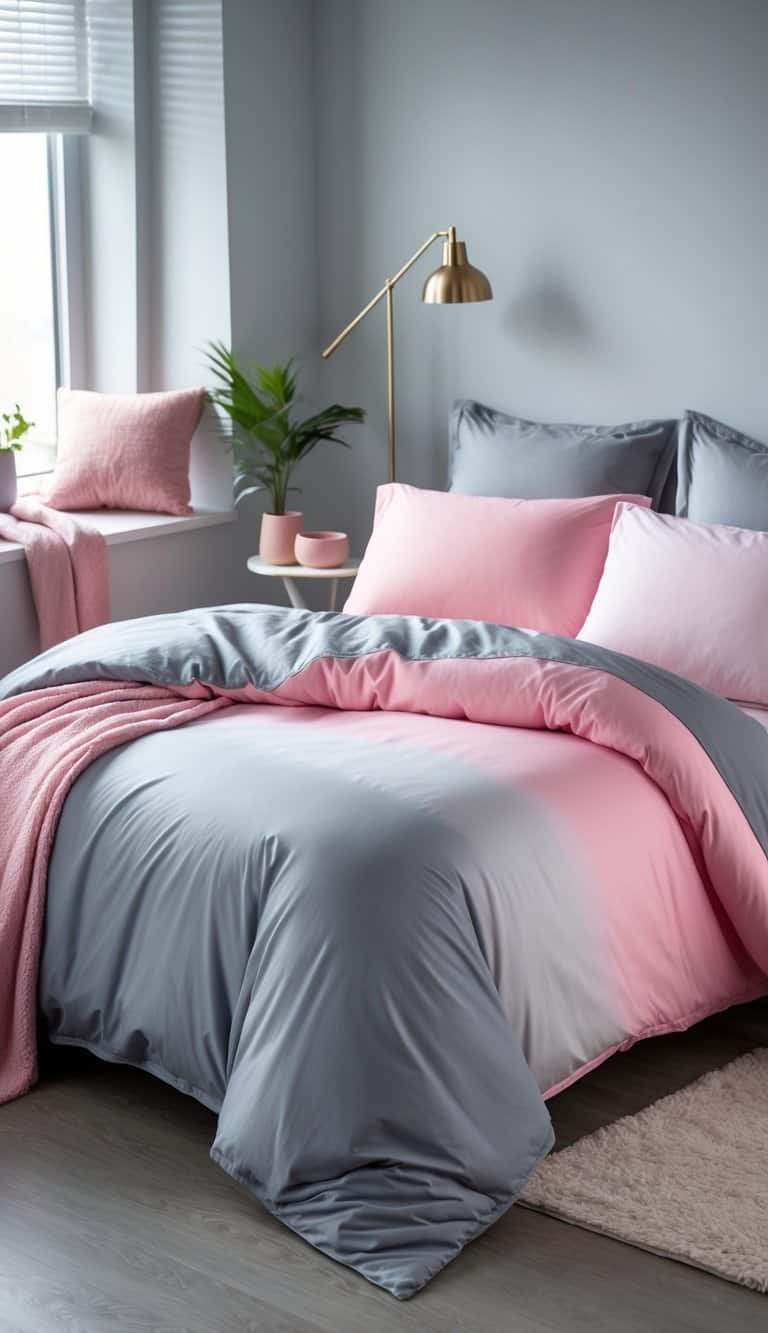 grey and pink bedroom ideas - A neatly made bed with grey and pink gradient bedding in a softly lit bedroom with a bedside table and plant.