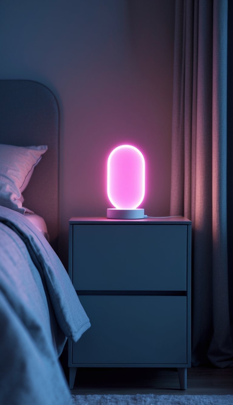 grey and pink bedroom ideas - A matte grey nightstand with a glowing pink neon lamp on top, placed next to a bed in a softly lit bedroom.