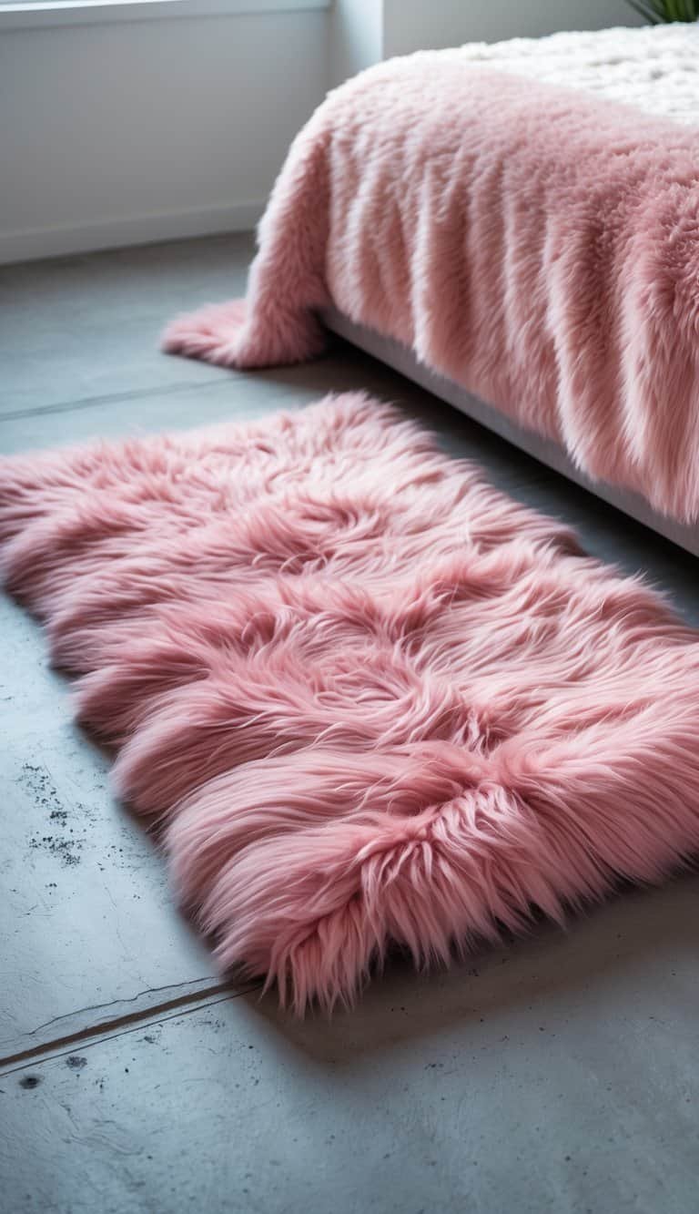 grey and pink bedroom ideas - A soft pink faux fur rug lying on a grey concrete floor in a bedroom corner.
