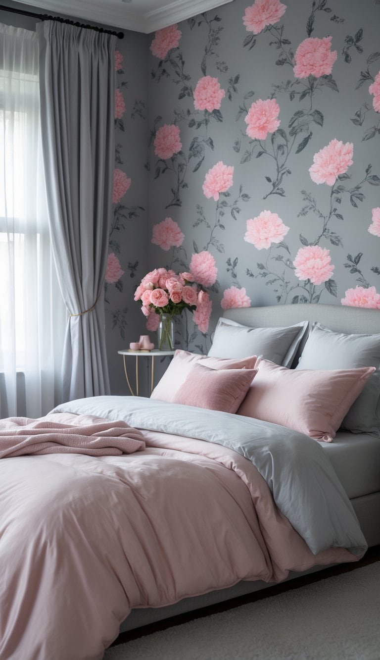 grey and pink bedroom ideas - A bedroom with grey wallpaper decorated with pink flowers, a neatly made bed with pink bedding, a bedside table with a vase of flowers, and soft natural light coming through the window.