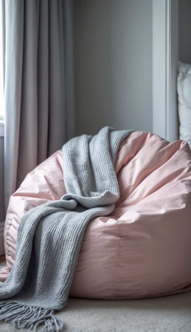 grey and pink bedroom ideas - A blush pink bean bag chair with a grey throw blanket in a softly lit bedroom corner.