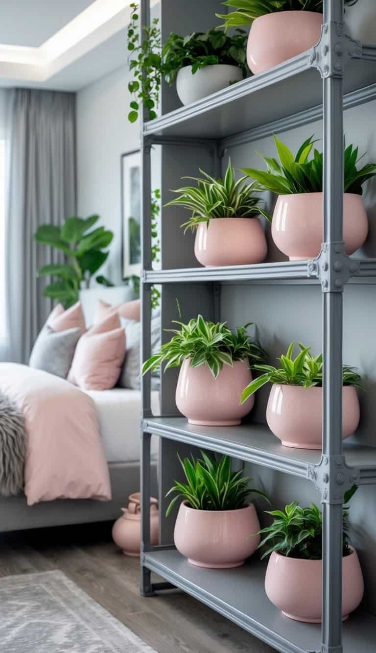 grey and pink bedroom ideas - Grey industrial shelf holding pink ceramic planters with green plants in a modern bedroom setting.