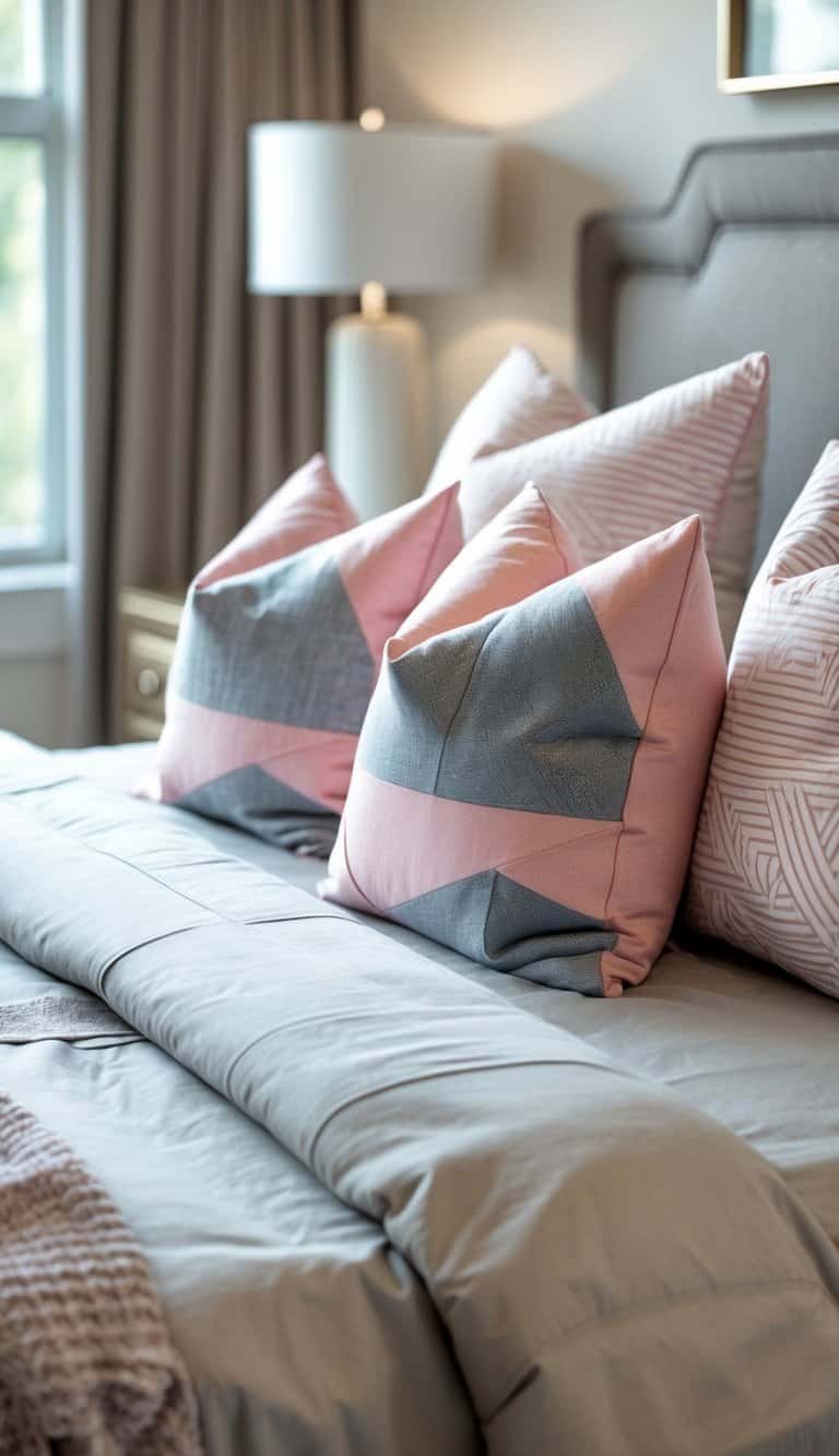 grey and pink bedroom ideas - A bed with pink and grey geometric throw pillows arranged neatly, with a nightstand and soft natural light in the background.