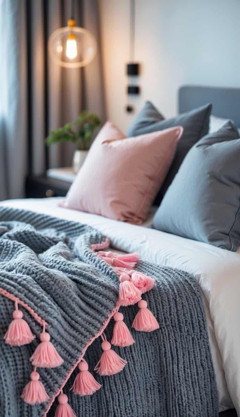 grey and pink bedroom ideas - A bed with a grey knit blanket featuring pink tassels draped over it in a softly lit bedroom.