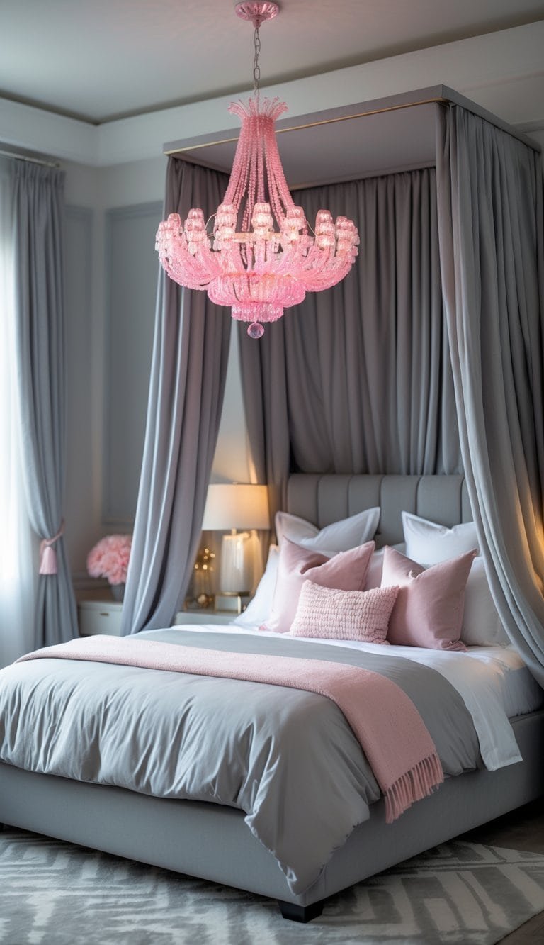 grey and pink bedroom ideas - A bedroom with a grey canopy bed and a pink glass chandelier hanging above it.