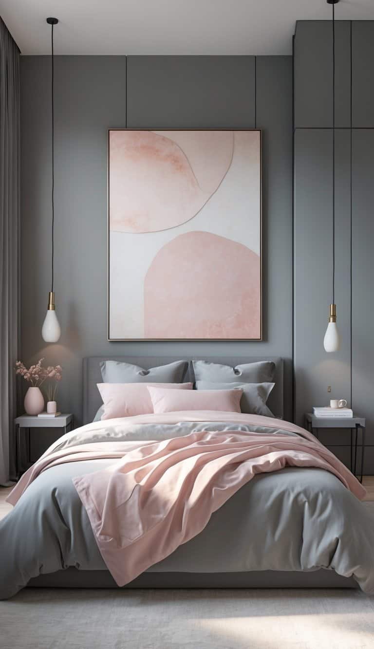 grey and pink bedroom ideas - A bedroom with grey walls and a large blush pink abstract painting above the bed, featuring a neatly made bed and simple furniture.